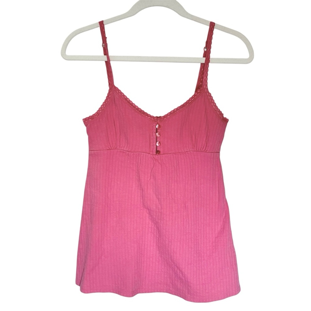 Anchor Blue Pink Ribbed Lace Trim Babydoll Cami Tank Top Size M Y2K Retro